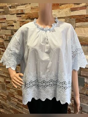 White Embroidered Lace-Trim Peasant Blouse for Women